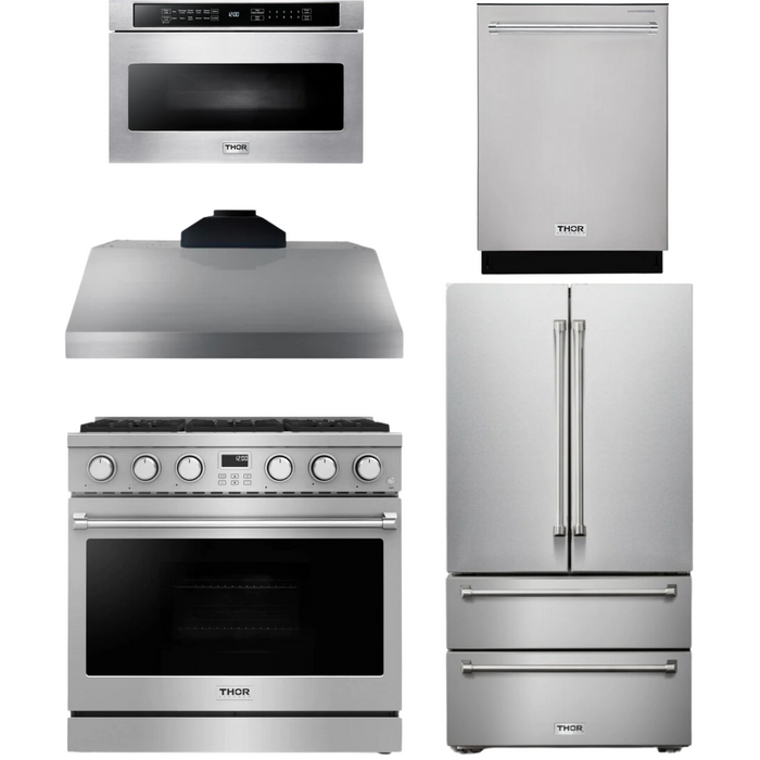 THOR Contemporary Package - 36" Gas Range, Range Hood, Refrigerator, Dishwasher and Microwave, THOR-AP-ARG36LP-B93