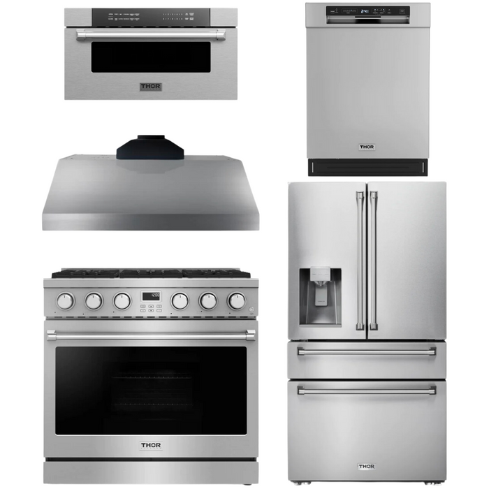 THOR Contemporary Package - 36" Gas Range, Range Hood, Refrigerator, Dishwasher and Microwave, THOR-AP-ARG36LP-B96