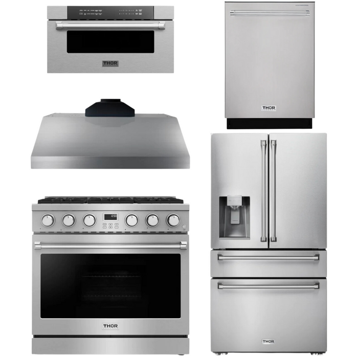 THOR Contemporary Package - 36" Gas Range, Range Hood, Refrigerator, Dishwasher and Microwave, THOR-AP-ARG36LP-B98