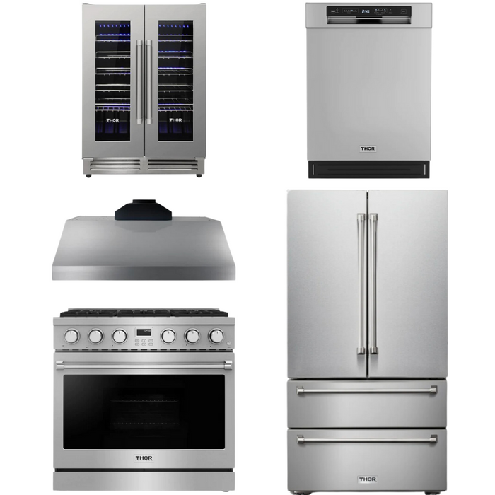 THOR Contemporary Package - 36" Gas Range, Range Hood, Refrigerator, Dishwasher and Wine Cooler, THOR-AP-ARG36-A103