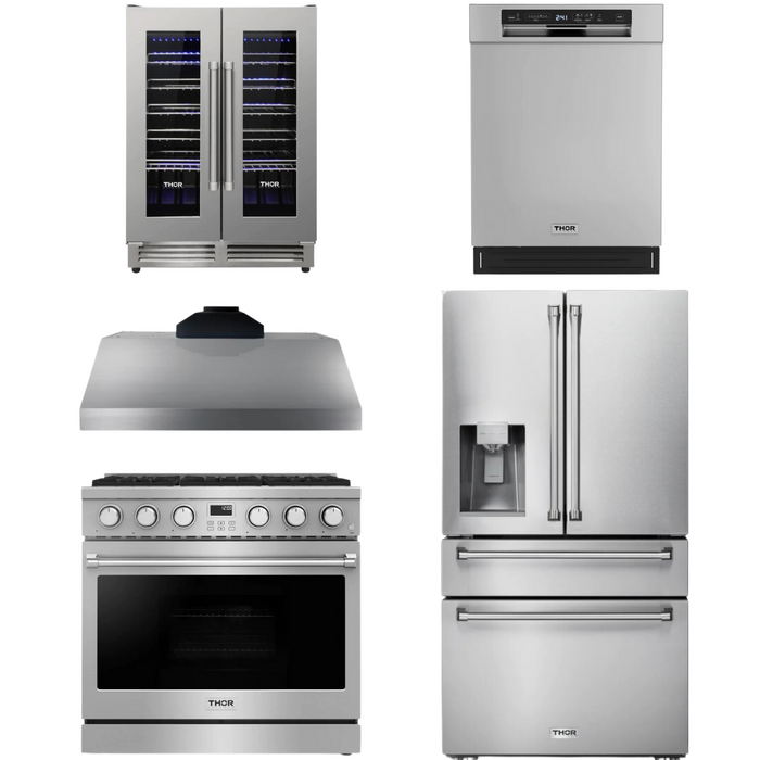 THOR Contemporary Package - 36" Gas Range, Range Hood, Refrigerator, Dishwasher and Wine Cooler, THOR-AP-ARG36-A105