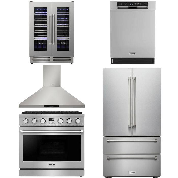 THOR Contemporary Package - 36" Gas Range, Range Hood, Refrigerator, Dishwasher and Wine Cooler, THOR-AP-ARG36-A99