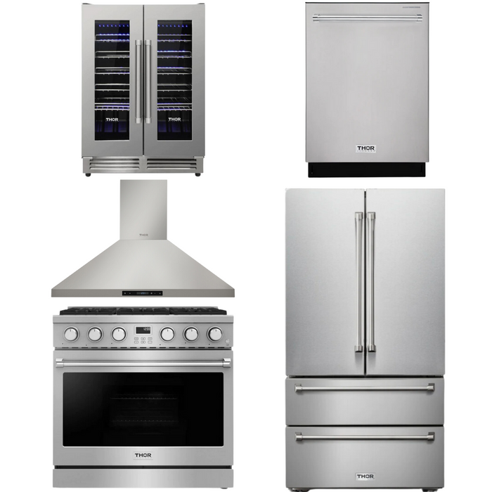THOR Contemporary Package - 36" Gas Range, Range Hood, Refrigerator, Dishwasher and Wine Cooler, THOR-AP-ARG36LP-B100