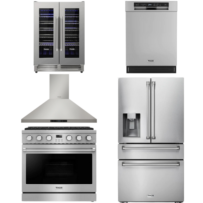 THOR Contemporary Package - 36" Gas Range, Range Hood, Refrigerator, Dishwasher and Wine Cooler, THOR-AP-ARG36LP-B101