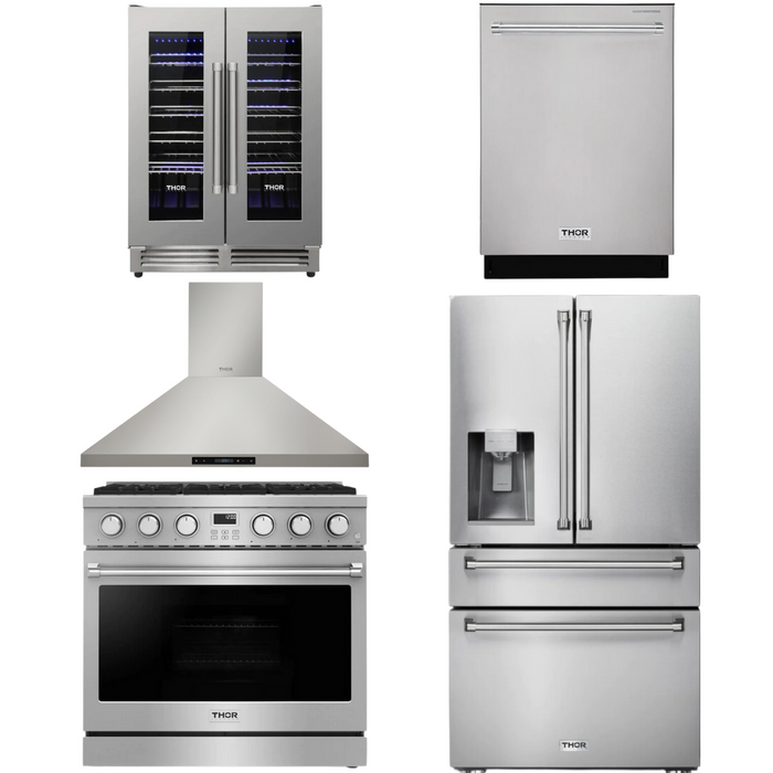 THOR Contemporary Package - 36" Gas Range, Range Hood, Refrigerator, Dishwasher and Wine Cooler, THOR-AP-ARG36LP-B102