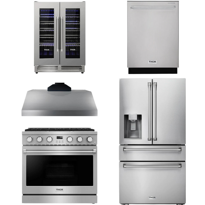 THOR Contemporary Package - 36" Gas Range, Range Hood, Refrigerator, Dishwasher and Wine Cooler, THOR-AP-ARG36LP-B106