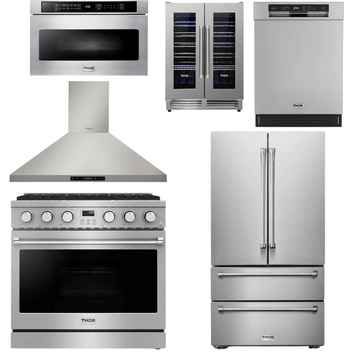 THOR Contemporary Package - 36" Gas Range, Range Hood, Refrigerator, Dishwasher, Microwave and Wine Cooler, THOR-AP-ARG36-A131