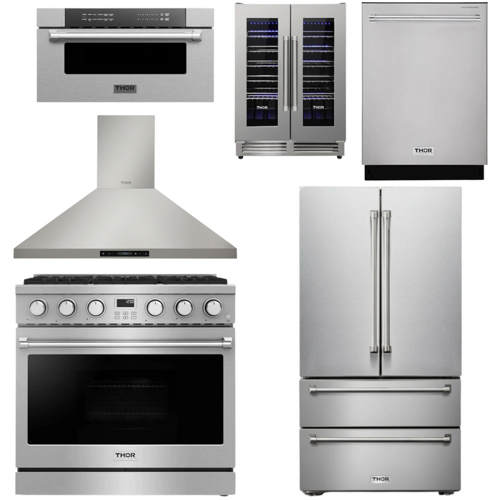 THOR Contemporary Package - 36" Gas Range, Range Hood, Refrigerator, Dishwasher, Microwave and Wine Cooler, THOR-AP-ARG36-A134