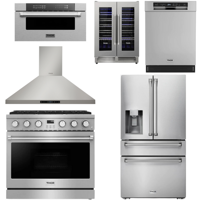 THOR Contemporary Package - 36" Gas Range, Range Hood, Refrigerator, Dishwasher, Microwave and Wine Cooler, THOR-AP-ARG36-A136