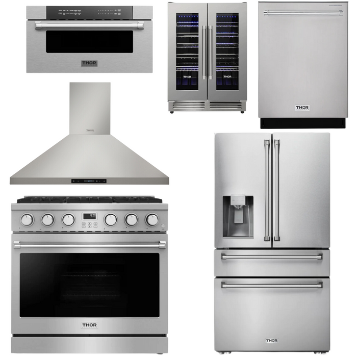 THOR Contemporary Package - 36" Gas Range, Range Hood, Refrigerator, Dishwasher, Microwave and Wine Cooler, THOR-AP-ARG36-A138