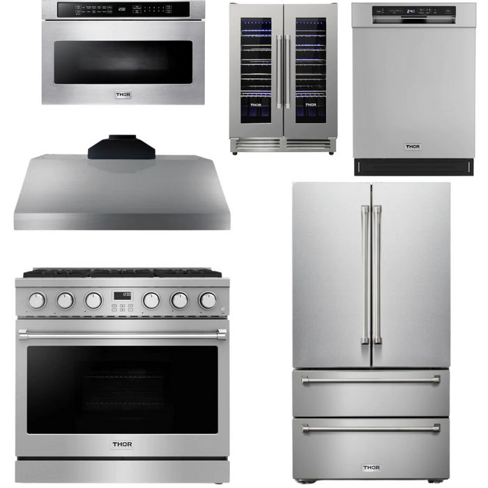 THOR Contemporary Package - 36" Gas Range, Range Hood, Refrigerator, Dishwasher, Microwave and Wine Cooler, THOR-AP-ARG36-A139