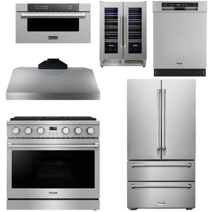 THOR Contemporary Package - 36" Gas Range, Range Hood, Refrigerator, Dishwasher, Microwave and Wine Cooler, THOR-AP-ARG36-A140