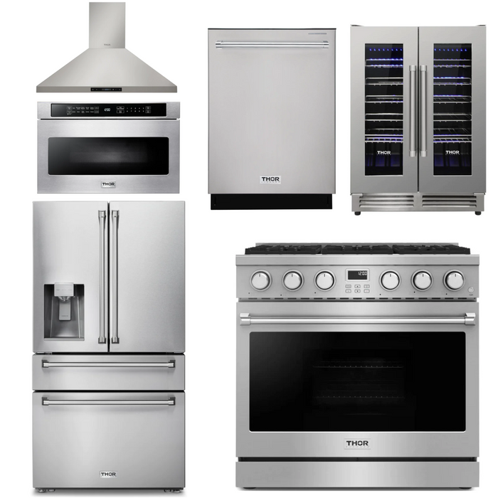 THOR Contemporary Package - 36" Gas Range, Range Hood, Refrigerator, Dishwasher, Microwave and Wine Cooler, THOR-AP-ARG36-A142