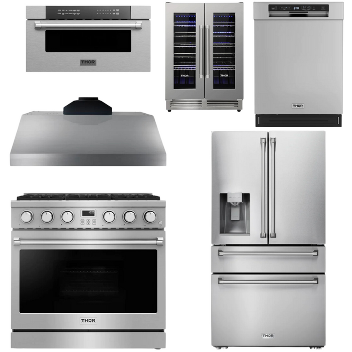 THOR Contemporary Package - 36" Gas Range, Range Hood, Refrigerator, Dishwasher, Microwave and Wine Cooler, THOR-AP-ARG36-A144