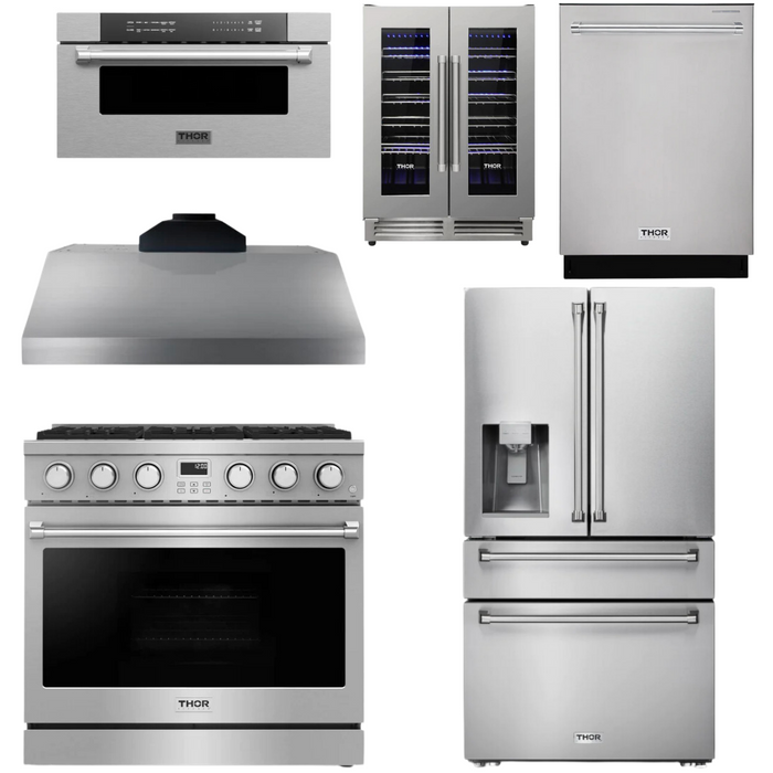 THOR Contemporary Package - 36" Gas Range, Range Hood, Refrigerator, Dishwasher, Microwave and Wine Cooler, THOR-AP-ARG36-A146