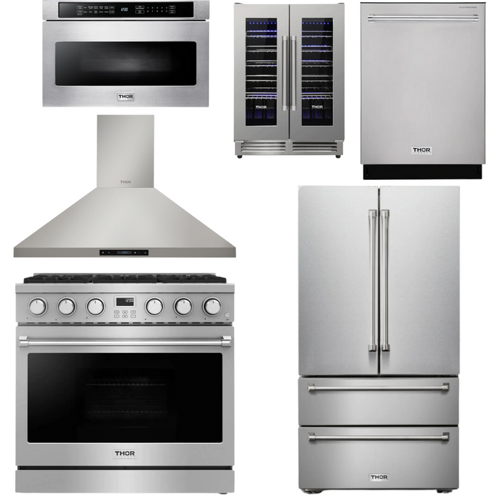 THOR Contemporary Package - 36" Gas Range, Range Hood, Refrigerator, Dishwasher, Microwave and Wine Cooler, THOR-AP-ARG36LP-B133