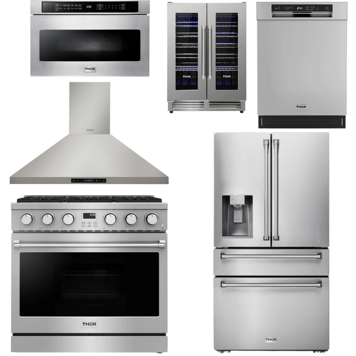 THOR Contemporary Package - 36" Gas Range, Range Hood, Refrigerator, Dishwasher, Microwave and Wine Cooler, THOR-AP-ARG36LP-B135