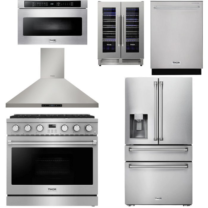 THOR Contemporary Package - 36" Gas Range, Range Hood, Refrigerator, Dishwasher, Microwave and Wine Cooler, THOR-AP-ARG36LP-B137