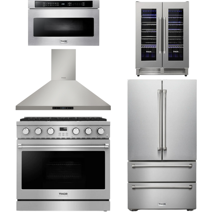THOR Contemporary Package - 36" Gas Range, Range Hood, Refrigerator, Microwave and Wine Cooler, THOR-AP-ARG36-A115