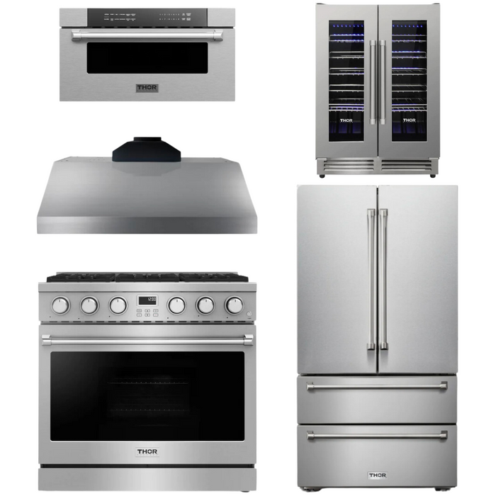 THOR Contemporary Package - 36" Gas Range, Range Hood, Refrigerator, Microwave and Wine Cooler, THOR-AP-ARG36LP-B120