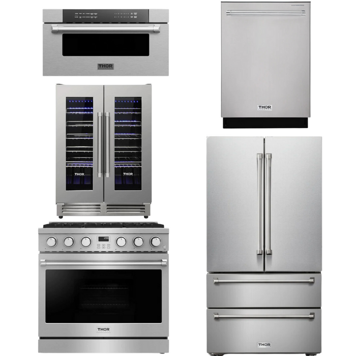 THOR Contemporary Package - 36" Gas Range, Refrigerator, Dishwasher, Microwave and Wine Cooler, THOR-AP-ARG36-A126