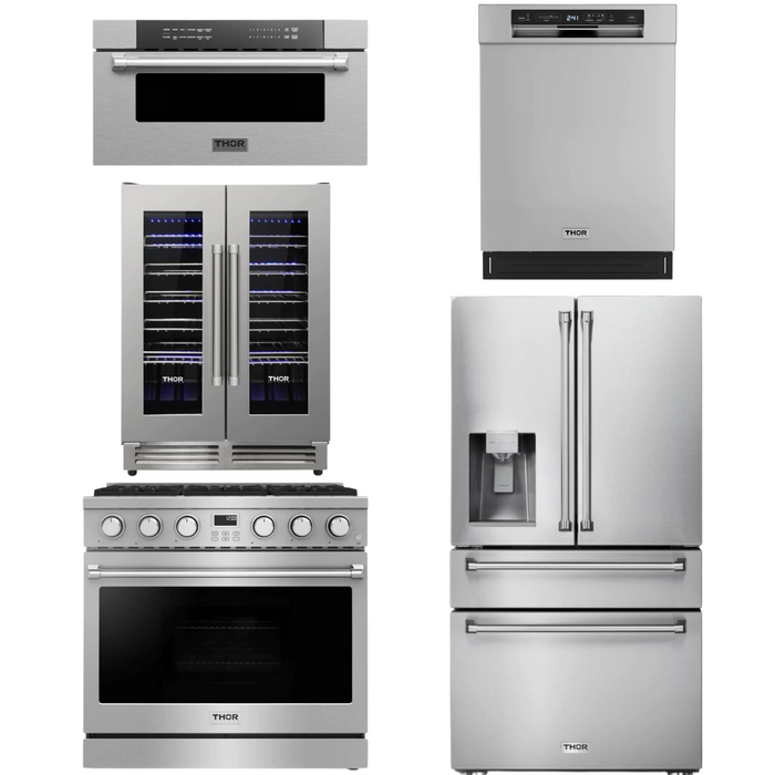 THOR Contemporary Package - 36" Gas Range, Refrigerator, Dishwasher, Microwave and Wine Cooler, THOR-AP-ARG36-A128