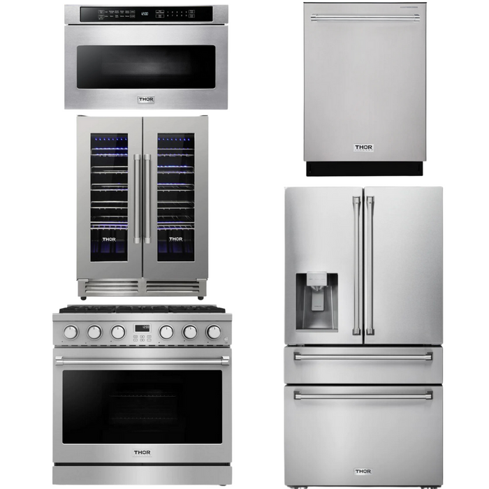 THOR Contemporary Package - 36" Gas Range, Refrigerator, Dishwasher, Microwave and Wine Cooler, THOR-AP-ARG36-A129