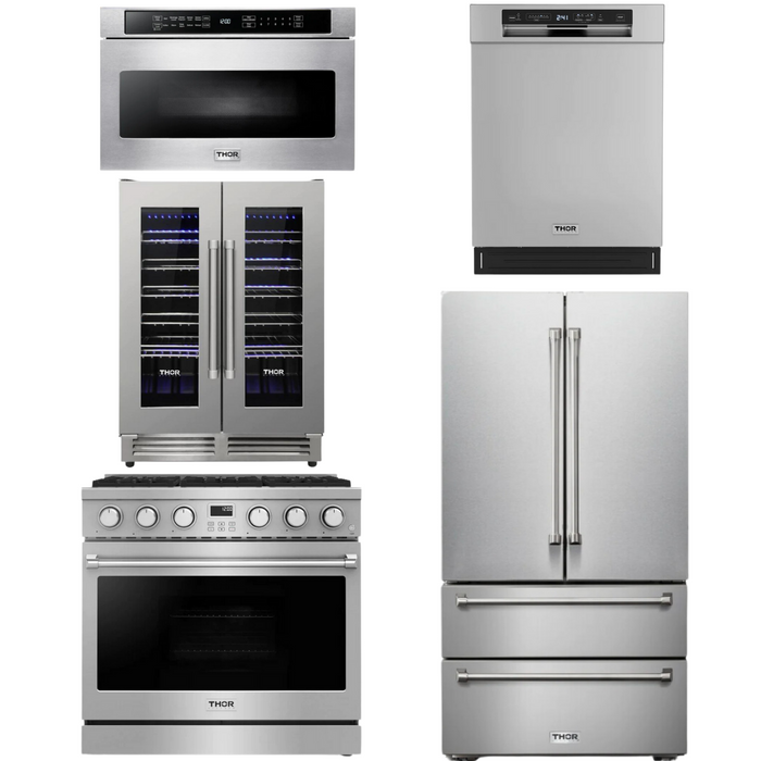 THOR Contemporary Package - 36" Gas Range, Refrigerator, Dishwasher, Microwave and Wine Cooler, THOR-AP-ARG36LP-B123