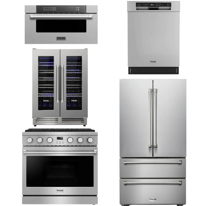 THOR Contemporary Package - 36" Gas Range, Refrigerator, Dishwasher, Microwave and Wine Cooler, THOR-AP-ARG36LP-B124