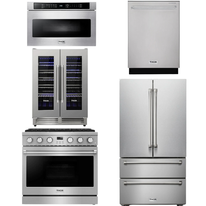 THOR Contemporary Package - 36" Gas Range, Refrigerator, Dishwasher, Microwave and Wine Cooler, THOR-AP-ARG36LP-B125
