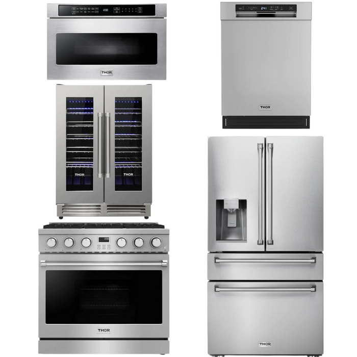 THOR Contemporary Package - 36" Gas Range, Refrigerator, Dishwasher, Microwave and Wine Cooler, THOR-AP-ARG36LP-B127