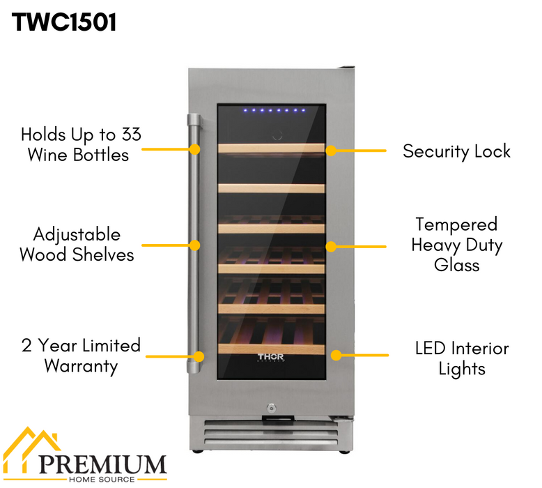 THOR Kitchen 15 in. 33 Bottle Wine Cooler, TWC1501