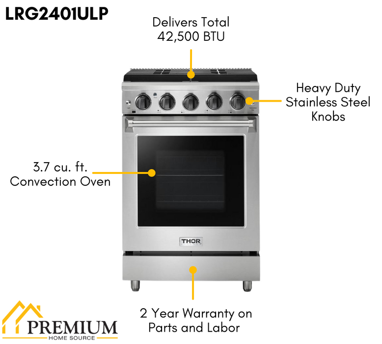 THOR Kitchen 24 in. Professional Propane Gas Range in Stainless Steel, LRG2401ULP