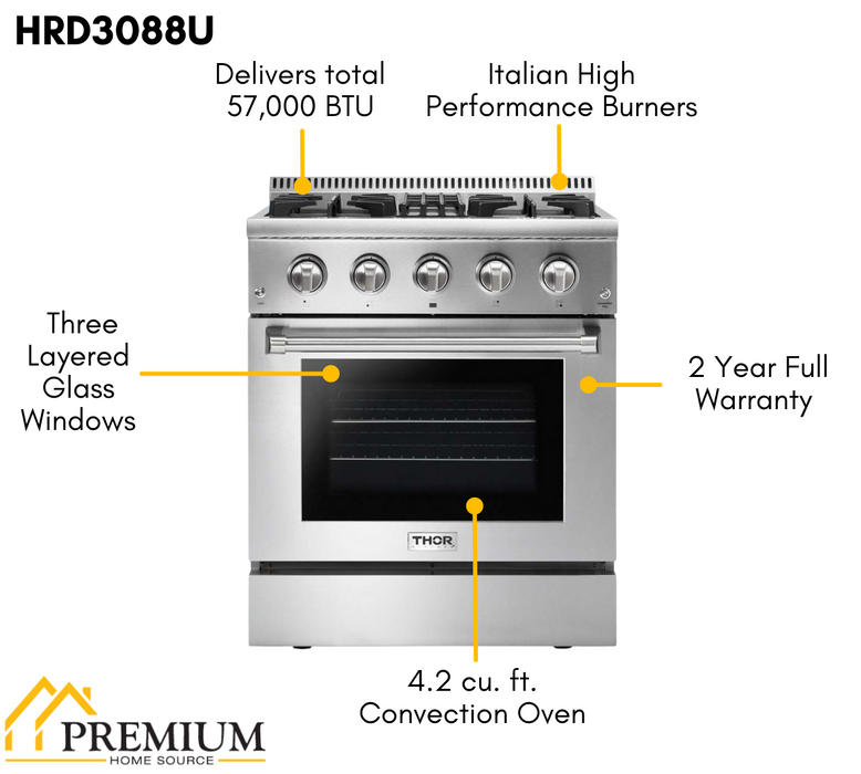 THOR Kitchen 30 in. Natural Gas Burner/Electric Oven Range in Stainless Steel, HRD3088U