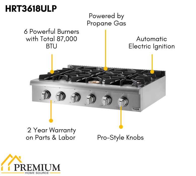THOR Kitchen 36 in. Liquid Propane Gas Cooktop in Stainless Steel with 6 Burners, HRT3618ULP