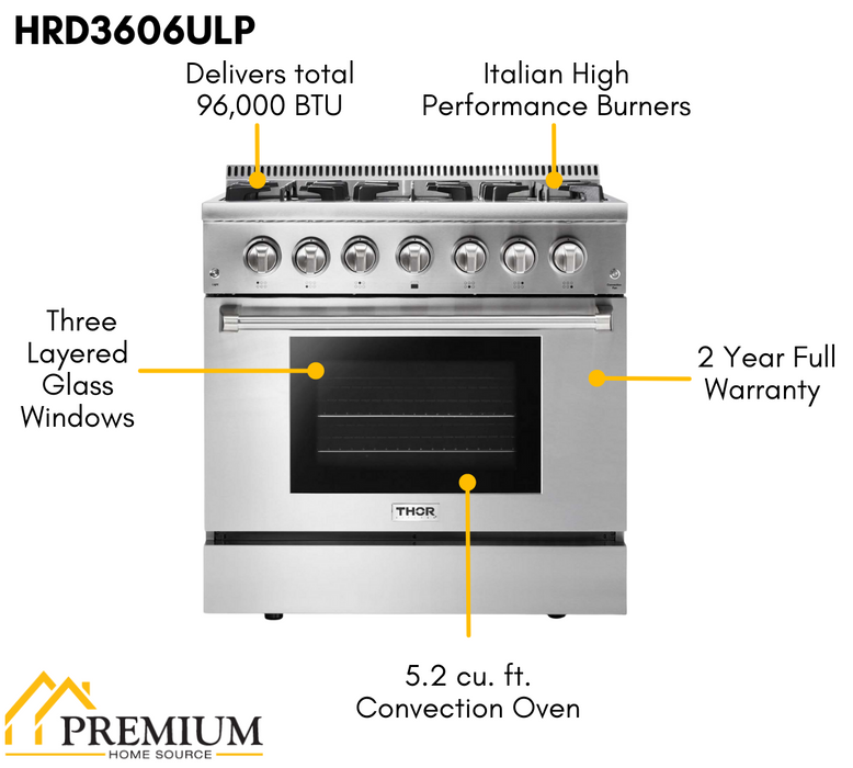 THOR Kitchen 36 in. Propane Gas Burner/Electric Oven Range in Stainless Steel, HRD3606ULP