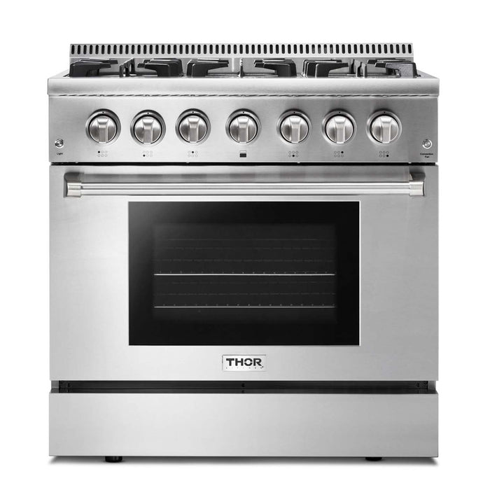 Thor Kitchen Package - 36" Propane Dual Fuel Range, Range Hood, Microwave, Refrigerator with Water and Ice Dispenser, Dishwasher, AP-HRD3606ULP-13