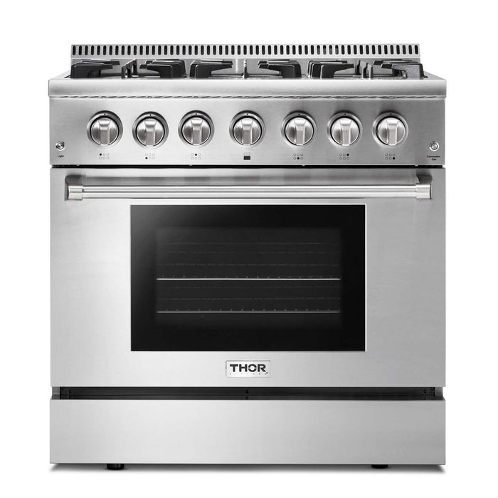 THOR Kitchen Package - 36" Dual Fuel Range, Range Hood, Dishwasher. Refrigerator with Water and Ice Dispenser, AP-HRD3606U-10