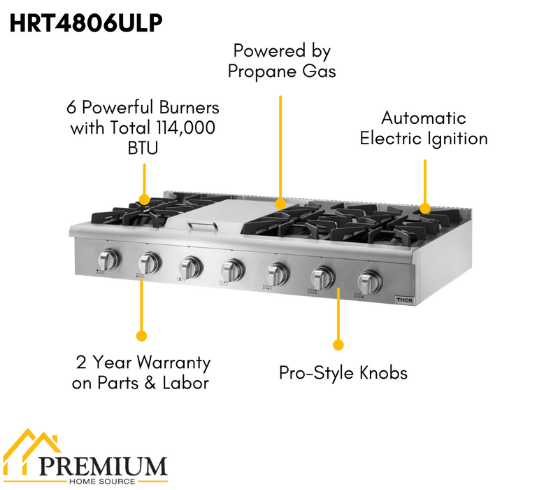 THOR Kitchen 48 in. Propane Gas Rangetop in Stainless Steel, HRT4806ULP