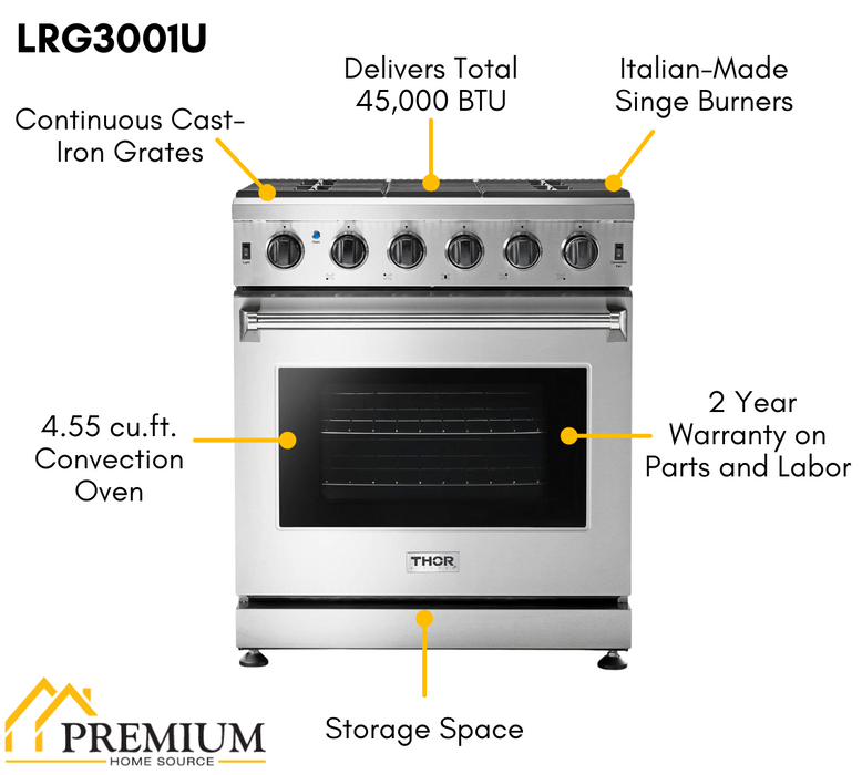 THOR Kitchen Package 30" Gas Range, 30" Range Hood, AP-LRG3001U