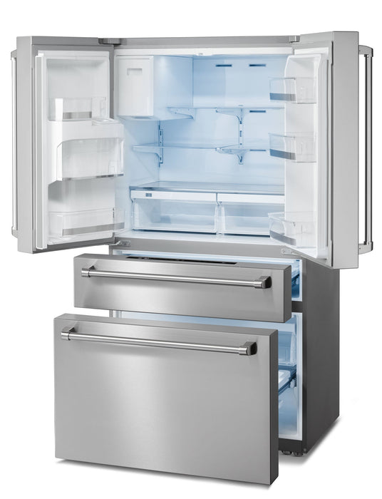 THOR Kitchen Package - 30" Propane Gas Range, Range Hood, Microwave, Refrigerator with Water and Ice Dispenser, Dishwasher, Wine Cooler