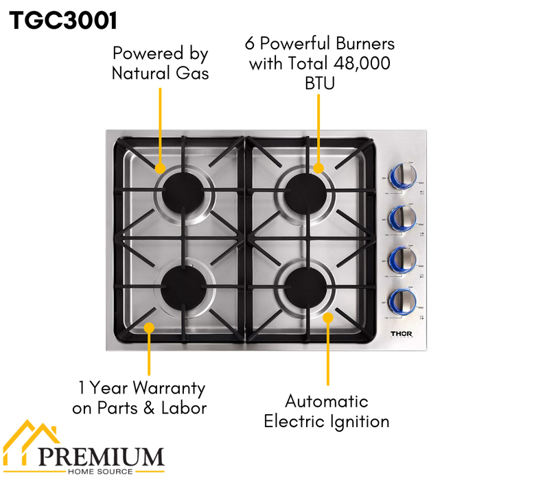 THOR Kitchen Package - 30" Wall Oven, Cooktop, Range Hood, Refrigerator with Water and Ice Dispenser, Dishwasher, Microwave, AP-HEW3001-DC-30-5