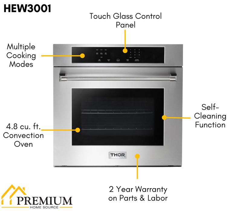 THOR Kitchen Package - 30" Wall Oven, Cooktop, Range Hood, Refrigerator with Water and Ice Dispenser, Dishwasher, Microwave, AP-HEW3001-DC-30-5