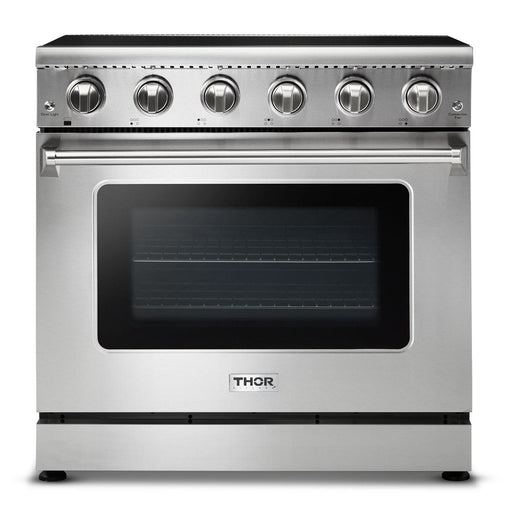 THOR Kitchen Package - 36" Electric Range, Range Hood, Microwave, Refrigerator with Water and Ice Dispenser, Dishwasher, AP-HRE3601-C-9