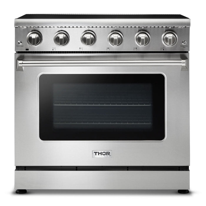 THOR Kitchen Package - 36" Electric Range, Range Hood, Microwave, Refrigerator with Water and Ice Dispenser, Dishwasher, AP-HRE3601-C-9