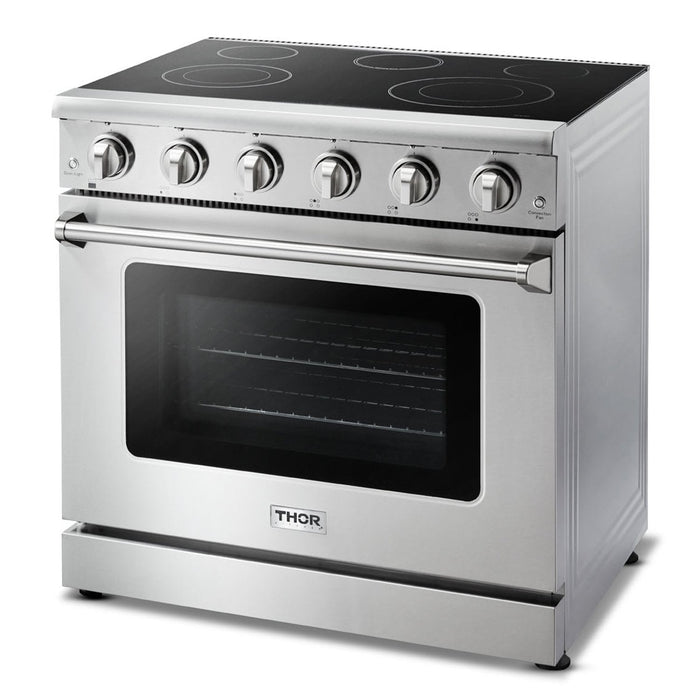 THOR Kitchen Package - 36" Electric Range, Range Hood, Refrigerator with Water and Ice Dispenser, Dishwasher, Wine Cooler, AP-HRE3601-C-8