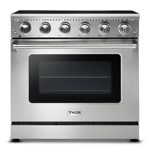 THOR Kitchen Package - 36" Electric Range, Range Hood, Refrigerator with Water and Ice Dispenser, Dishwasher, Wine Cooler, AP-HRE3601-W-8