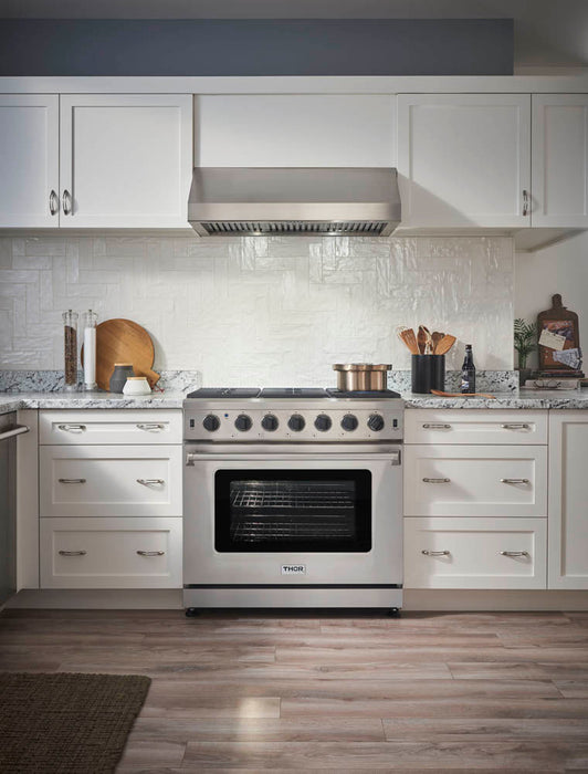 THOR Kitchen Package - 36" Gas Range, Range Hood, Microwave, Refrigerator with Water and Ice Dispenser, Dishwasher, AP-LRG3601U-C-9