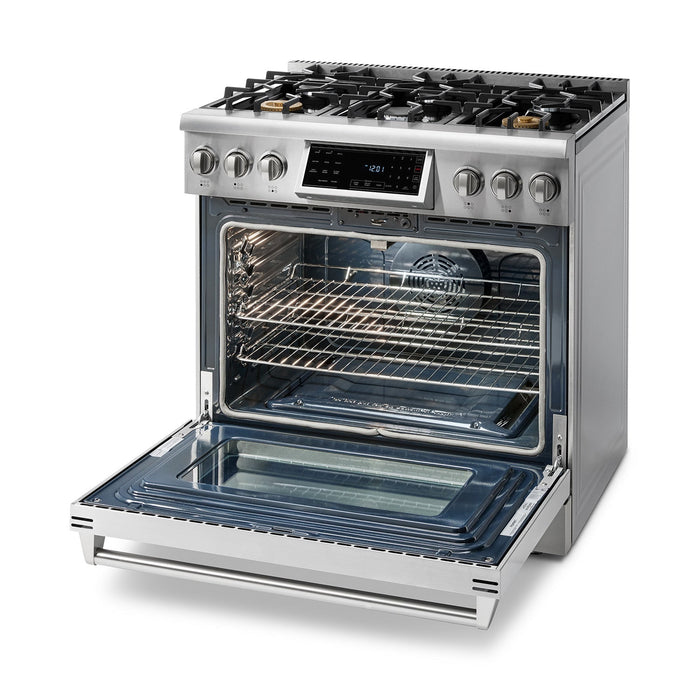 THOR Kitchen Package - 36" Gas Range, Range Hood, Microwave, Refrigerator with Water and Ice Dispenser, Dishwasher, Wine Cooler, AP-TRG3601-14