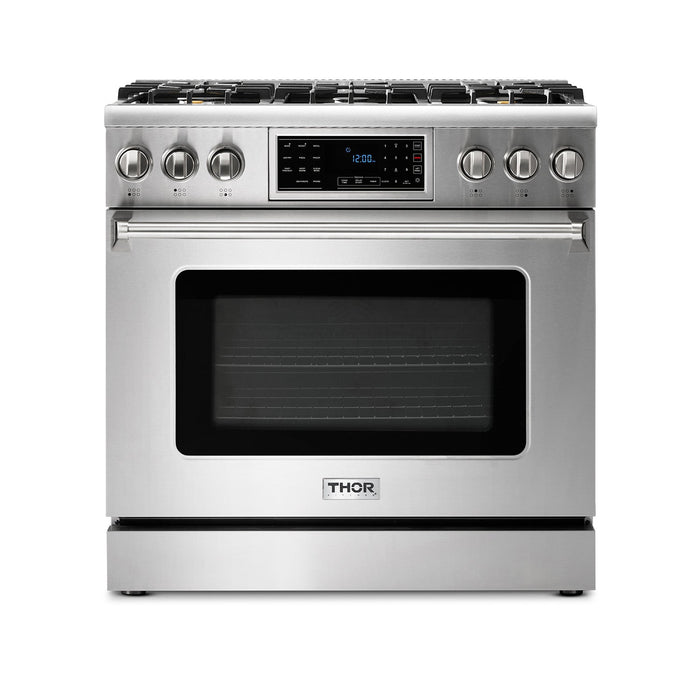 THOR Kitchen Package - 36" Gas Range, Range Hood, Microwave, Refrigerator with Water and Ice Dispenser, Dishwasher, Wine Cooler, AP-TRG3601-14